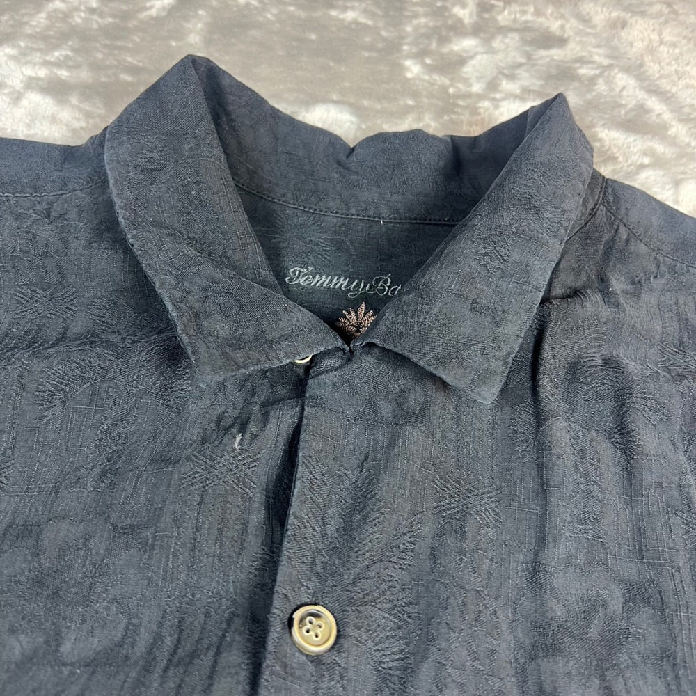 Tommy Bahama Mens XXL Adult Shirt Black 100% Silk Jacquard Tropical Short Sleeve